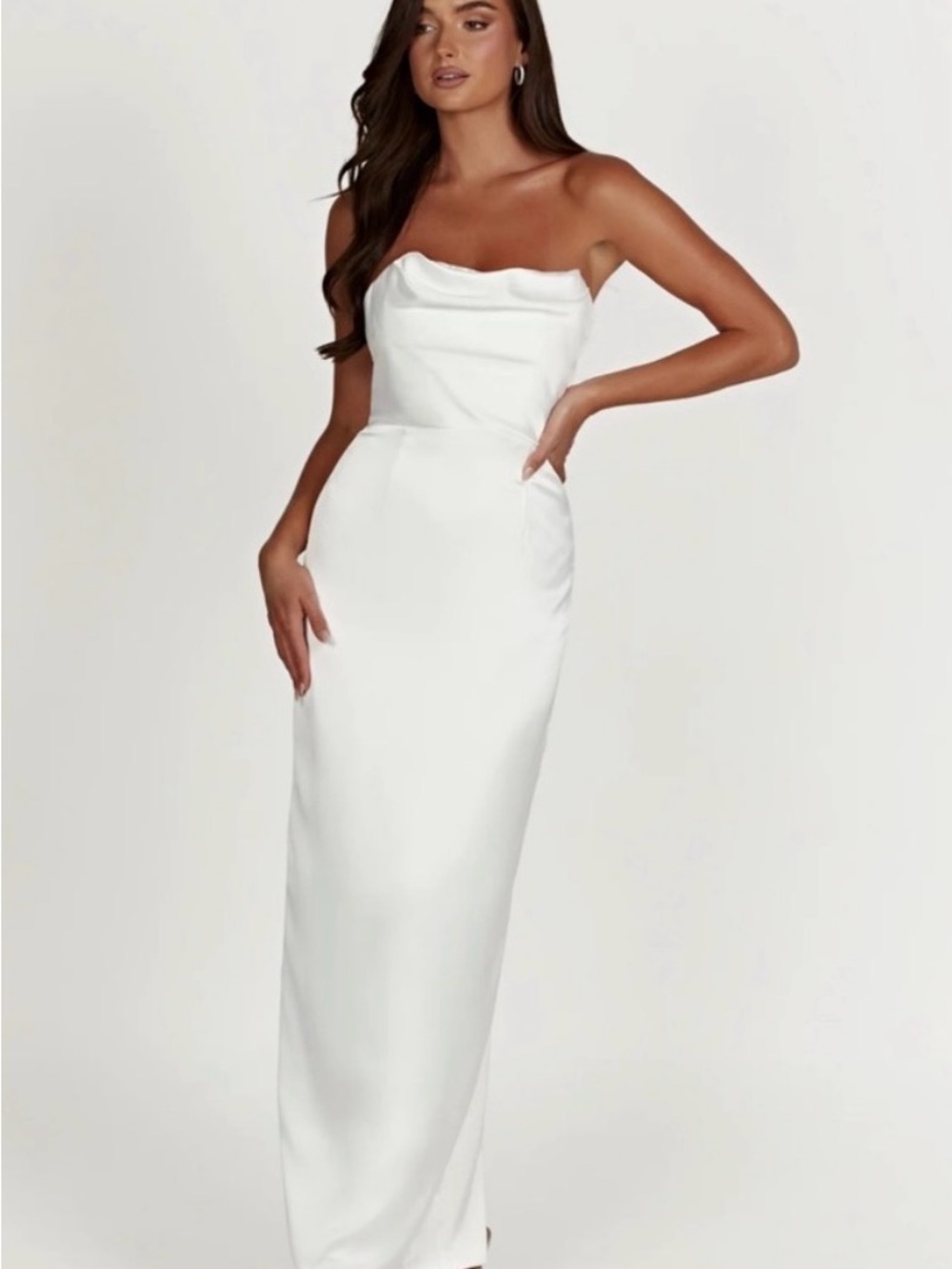 Meshki White Strapless Cowl-Front Evening Gown